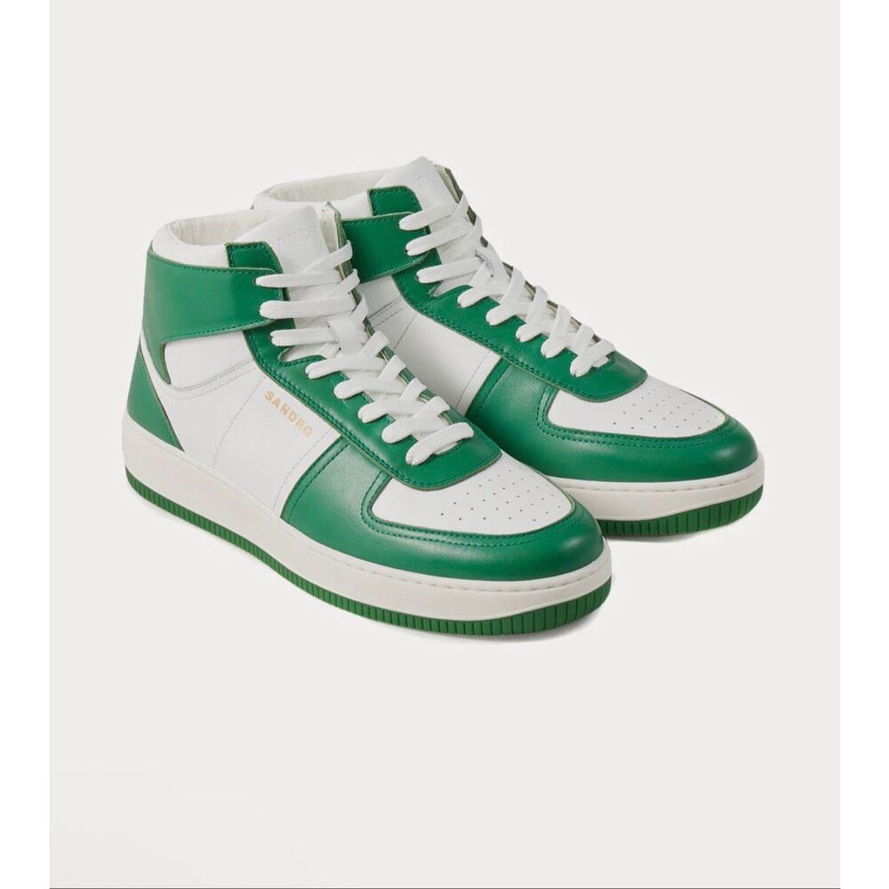Sandro Leather High Top Sneakers in Green & White Size 41 - Picture 1 of 8